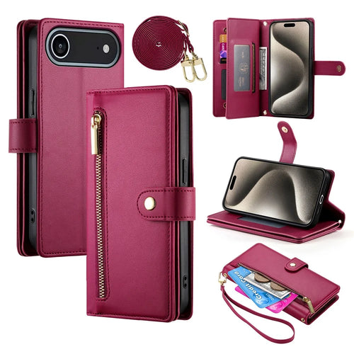 For iPhone Air Case Zipper Pocket Wallet Leather Phone Cover with Straps - Red - 1