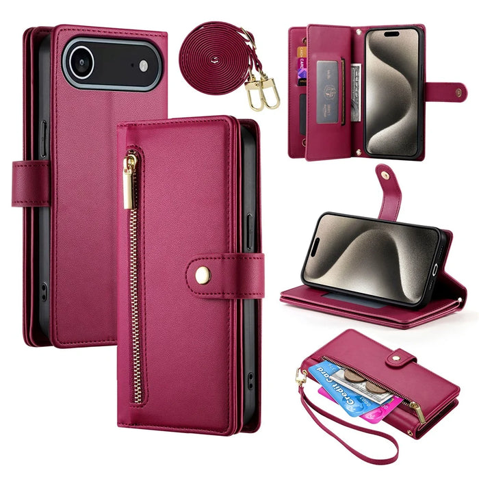 For iPhone Air Case Zipper Pocket Wallet Leather Phone Cover with Straps - Red - 1
