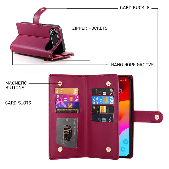 For iPhone Air Case Zipper Pocket Wallet Leather Phone Cover with Straps - Red - 5