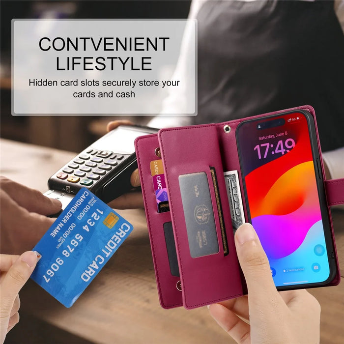 For iPhone Air Case Zipper Pocket Wallet Leather Phone Cover with Straps - Red - 6