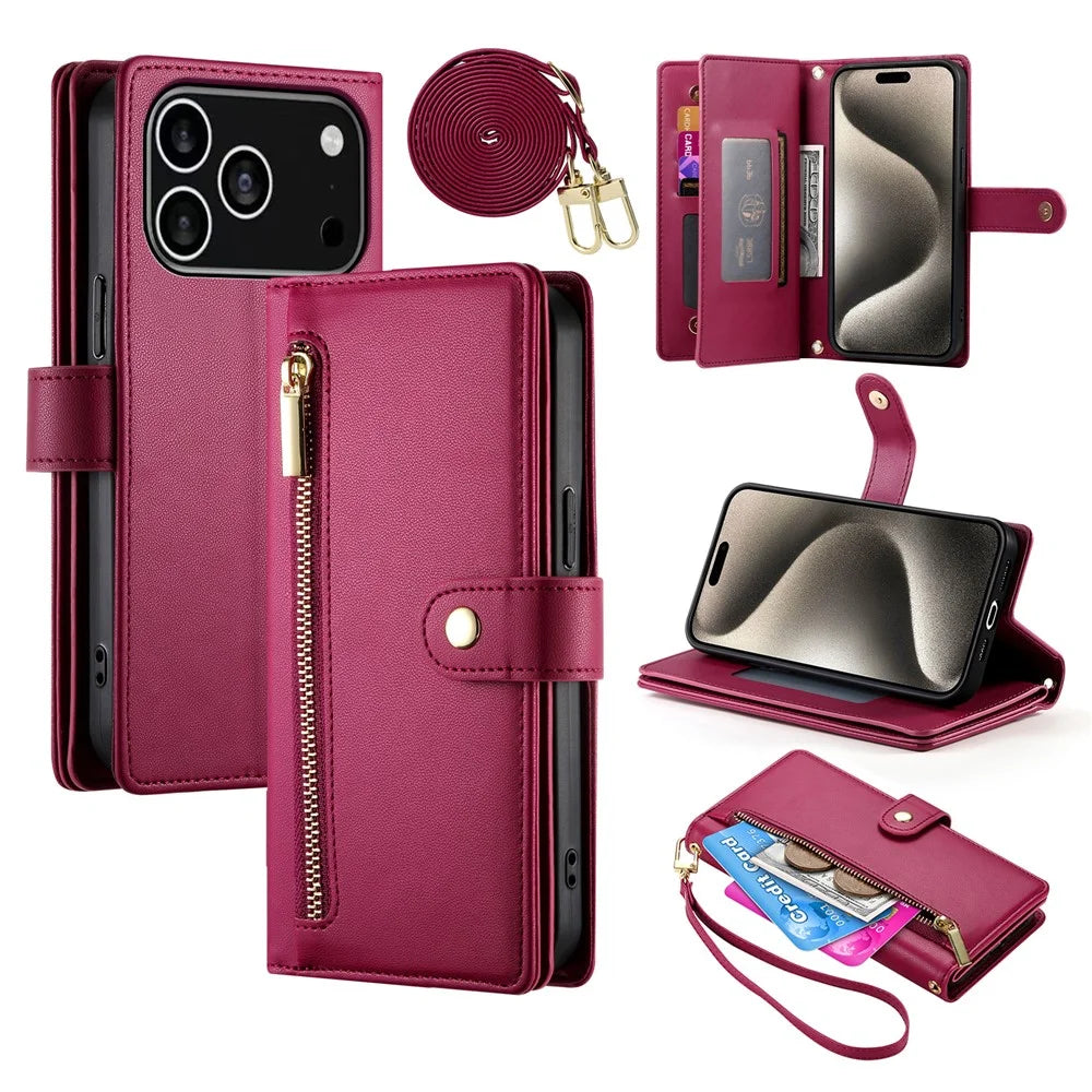 For iPhone 18 Pro / 17 Pro Case Zipper Pocket Wallet Leather Phone Cover with Straps - Red - 1