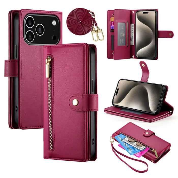 For iPhone 18 Pro / 17 Pro Case Zipper Pocket Wallet Leather Phone Cover with Straps - Red - 1