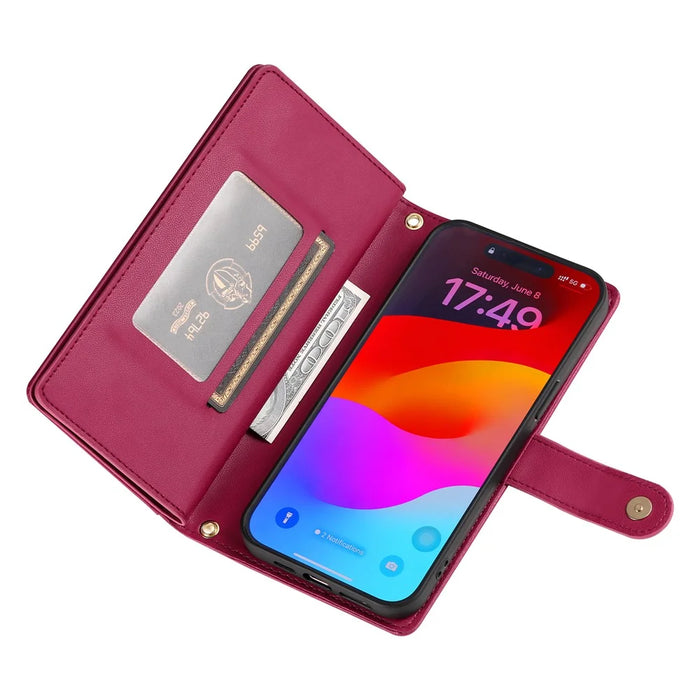 For iPhone 18 Pro / 17 Pro Case Zipper Pocket Wallet Leather Phone Cover with Straps - Red - 3