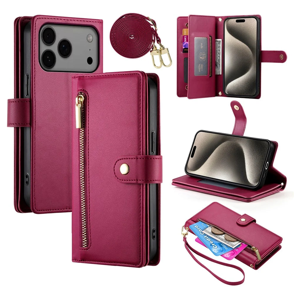 For iPhone 18 Pro Max / 17 Pro Max Case Zipper Pocket Wallet Leather Phone Cover with Straps - Red - 1