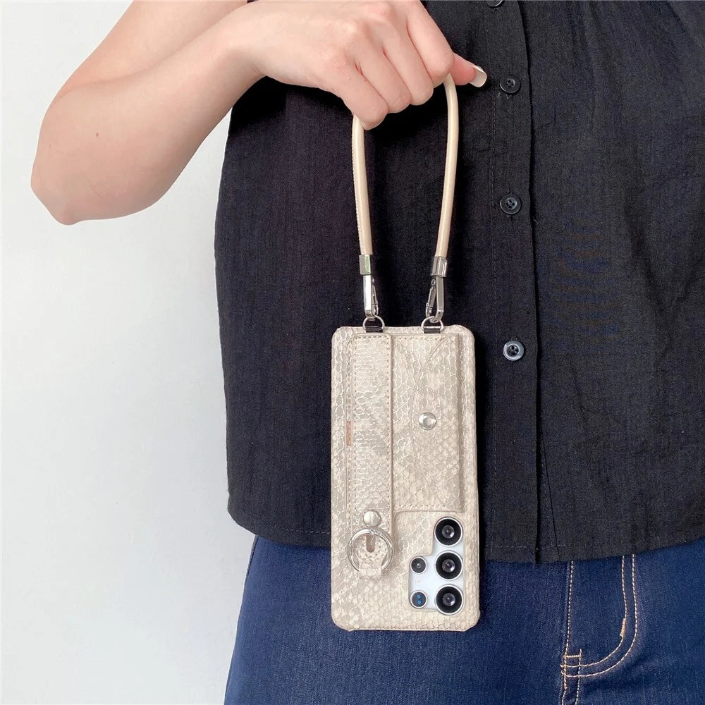 For Samsung Galaxy S25 Ultra Case Card Holder Wristband Lacquered Snake Texture PU + PC Back Cover with Lanyard - Khaki - 3