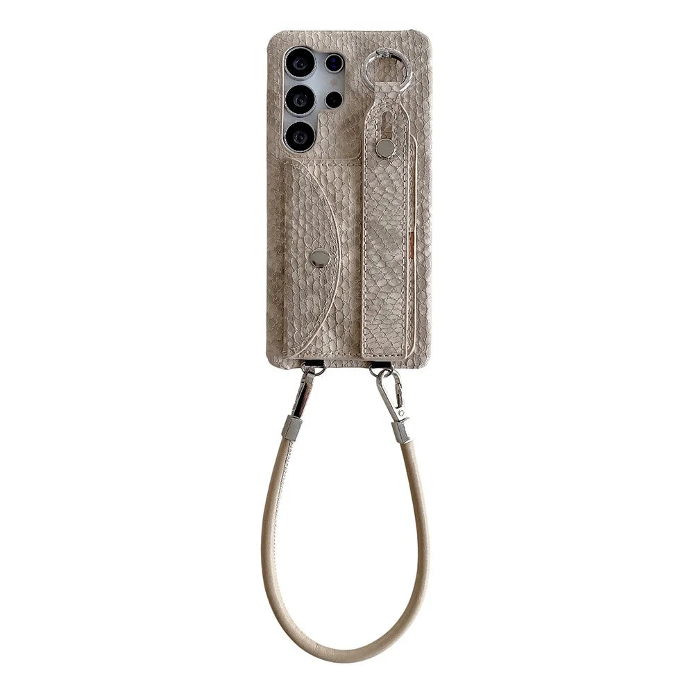 For Samsung Galaxy S24 Ultra Case Card Holder Wristband Lacquered Snake Texture PU + PC Back Cover with Lanyard - Khaki - 1