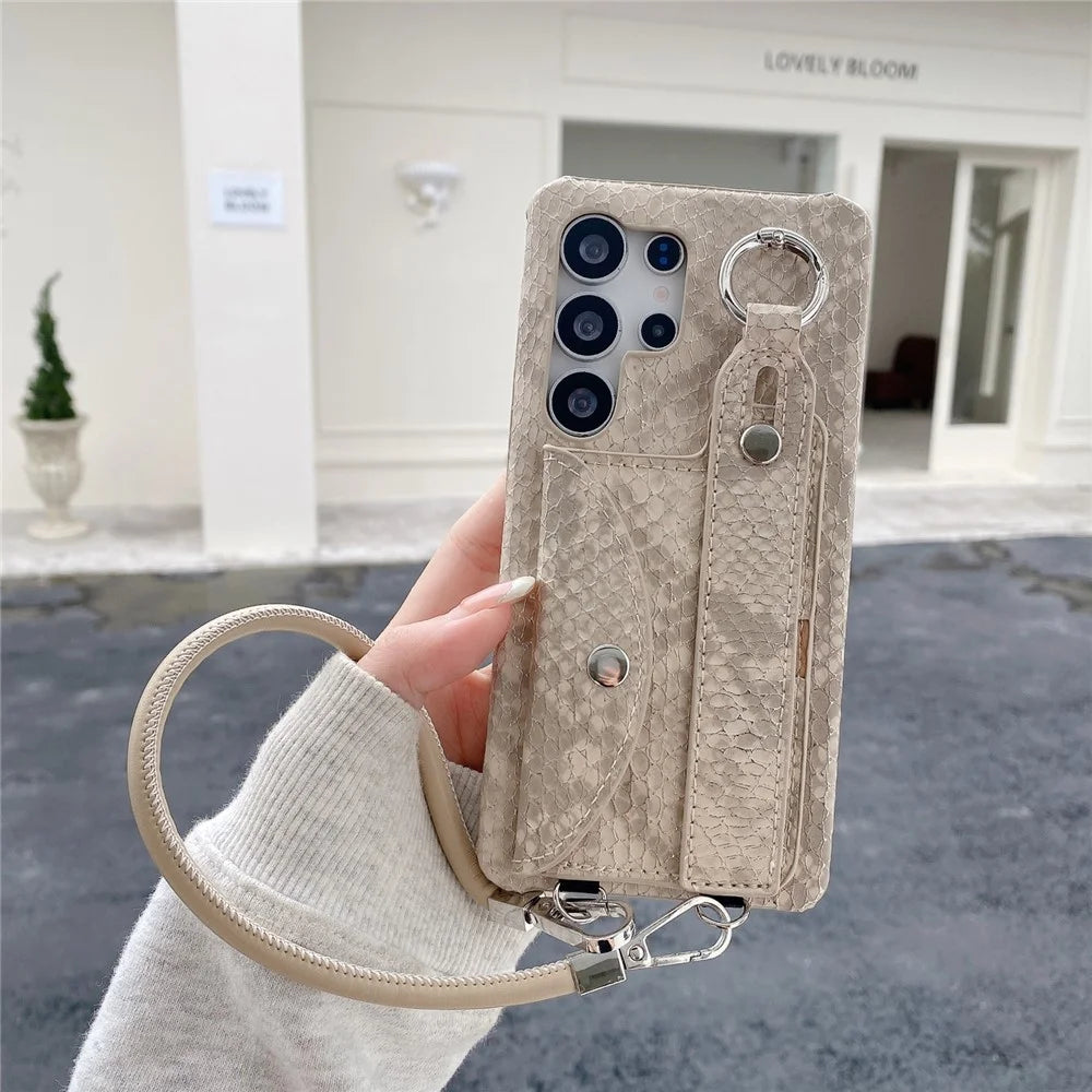 For Samsung Galaxy S24 Ultra Case Card Holder Wristband Lacquered Snake Texture PU + PC Back Cover with Lanyard - Khaki - 2