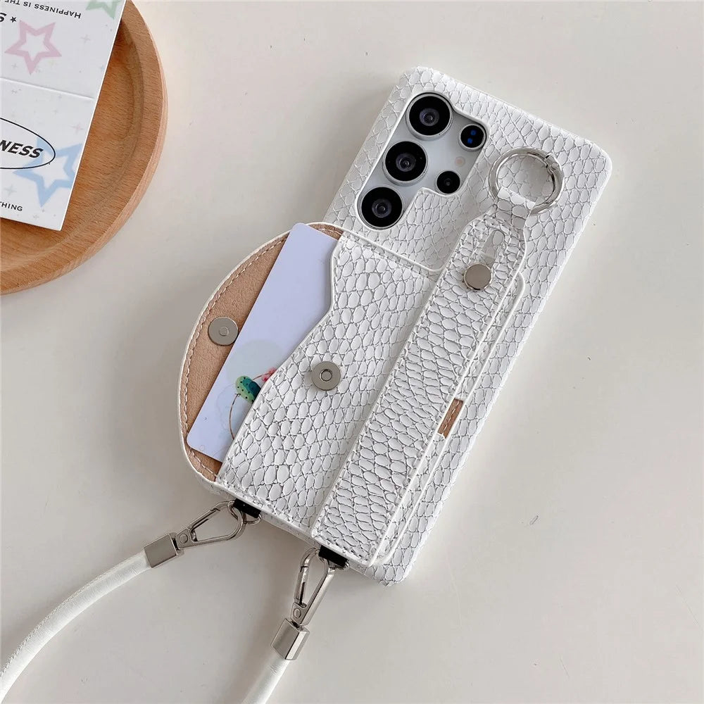 For Samsung Galaxy S24 Ultra Case Card Holder Wristband Lacquered Snake Texture PU + PC Back Cover with Lanyard - Khaki - 4