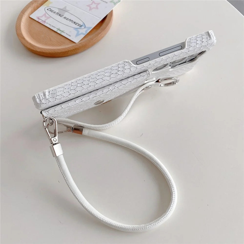 For Samsung Galaxy S24 Ultra Case Card Holder Wristband Lacquered Snake Texture PU + PC Back Cover with Lanyard - Khaki - 5