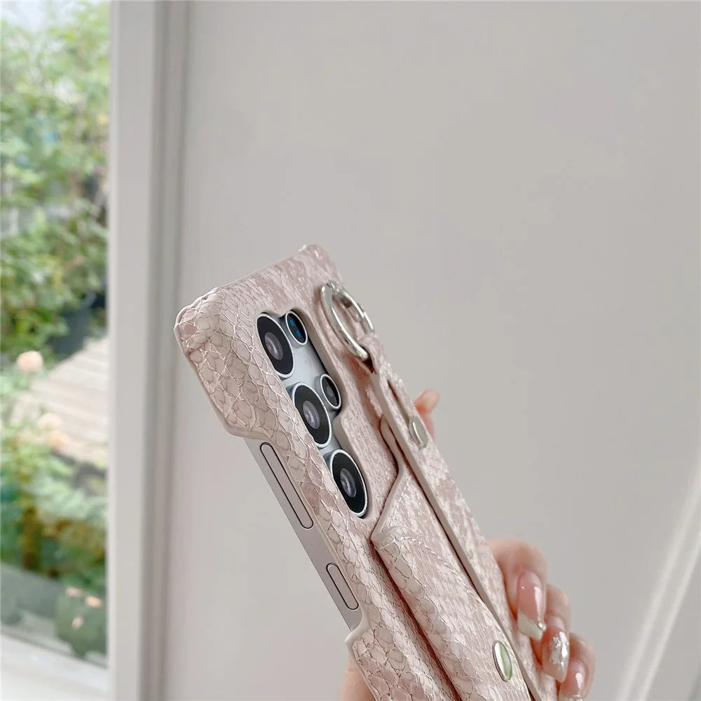 For Samsung Galaxy S24 Ultra Case Card Holder Wristband Lacquered Snake Texture PU + PC Back Cover with Lanyard - Khaki - 6