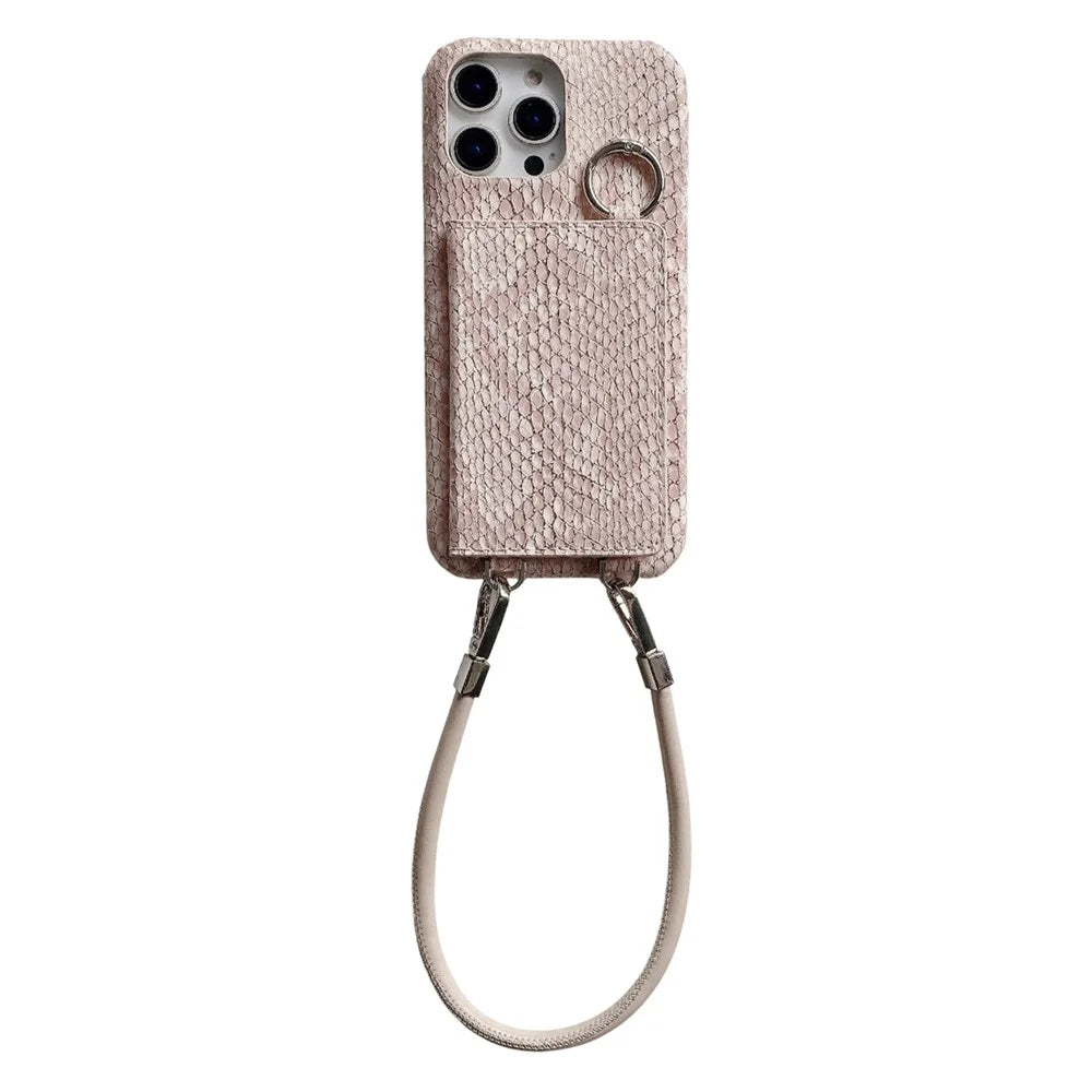For iPhone 15 Pro Max Case Card Holder Mirror Snake Texture PU + PC Back Cover with Lanyard - Light Pink - 1
