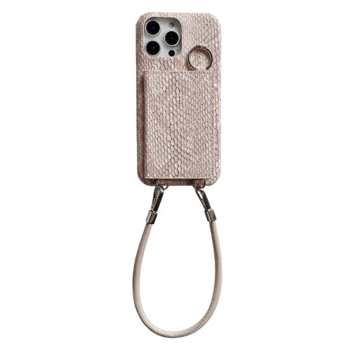 For iPhone 15 Pro Max Case Card Holder Mirror Snake Texture PU + PC Back Cover with Lanyard - Light Pink - 1