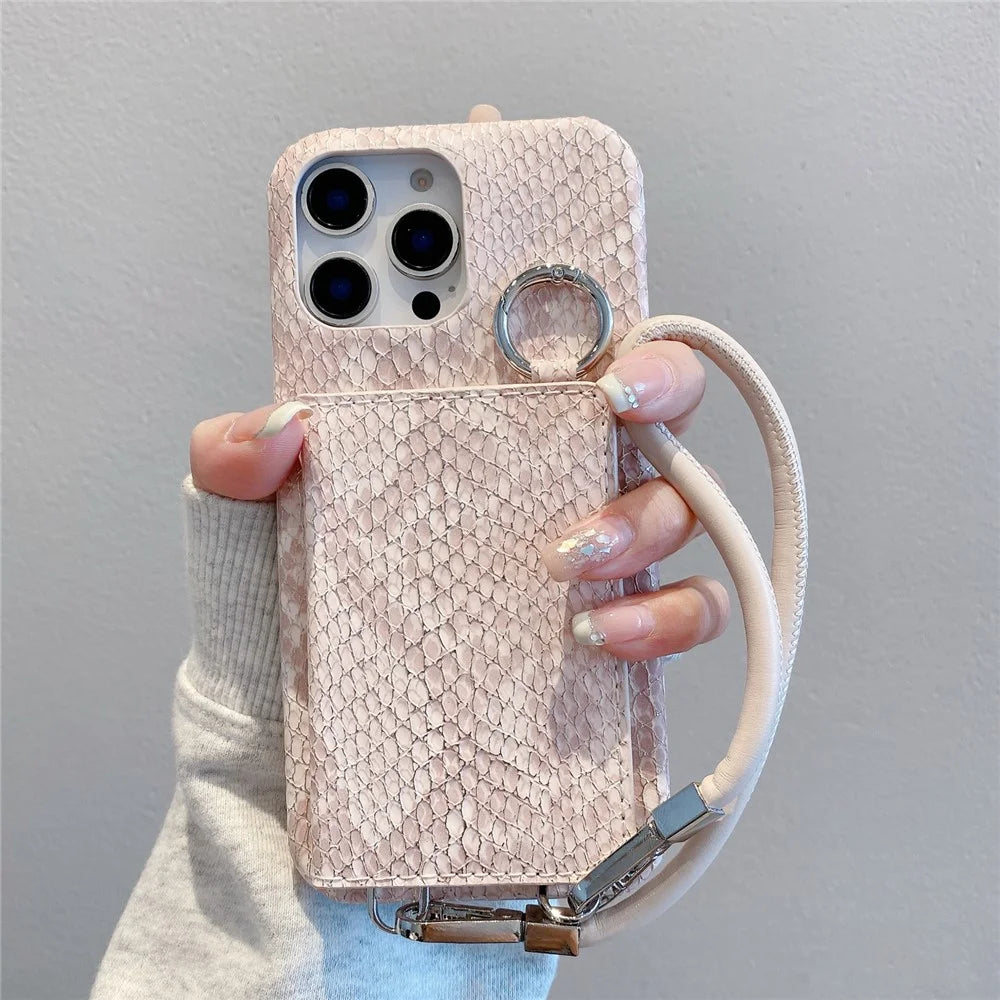 For iPhone 15 Pro Max Case Card Holder Mirror Snake Texture PU + PC Back Cover with Lanyard - Light Pink - 2