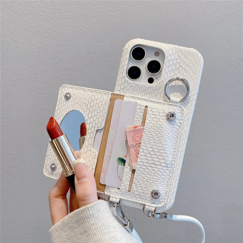 For iPhone 15 Pro Max Case Card Holder Mirror Snake Texture PU + PC Back Cover with Lanyard - Light Pink - 3