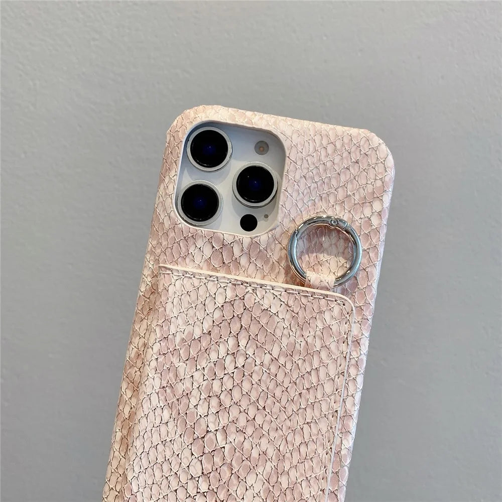 For iPhone 15 Pro Max Case Card Holder Mirror Snake Texture PU + PC Back Cover with Lanyard - Light Pink - 5