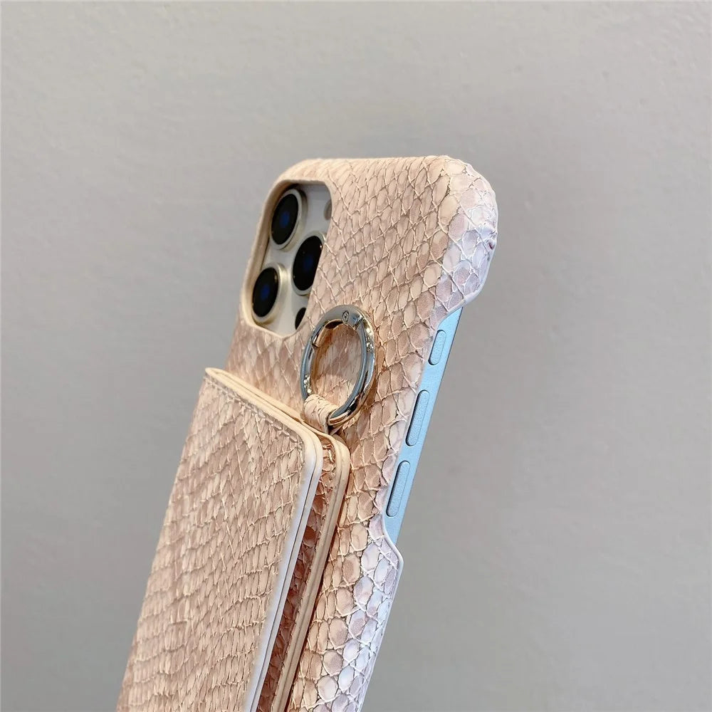 For iPhone 15 Pro Max Case Card Holder Mirror Snake Texture PU + PC Back Cover with Lanyard - Light Pink - 6