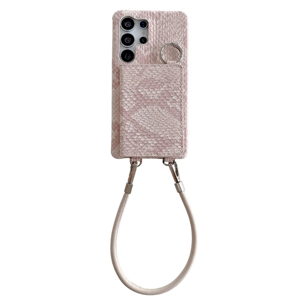For Samsung Galaxy S24 Ultra Case Card Holder Mirror Snake Texture PU + PC Back Cover with Lanyard - Light Pink - 1