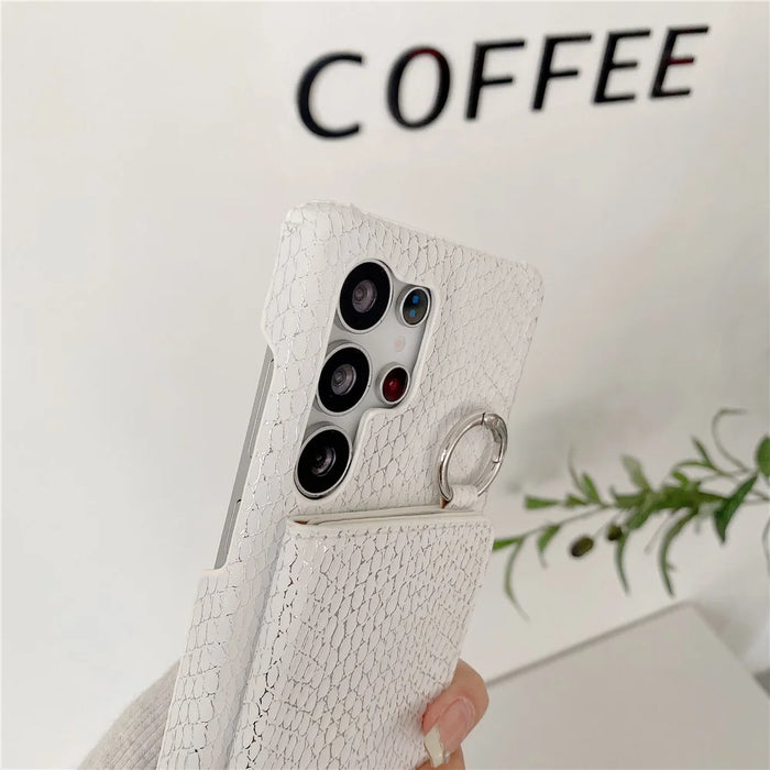 For Samsung Galaxy S24 Ultra Case Card Holder Mirror Snake Texture PU + PC Back Cover with Lanyard - Light Pink - 6