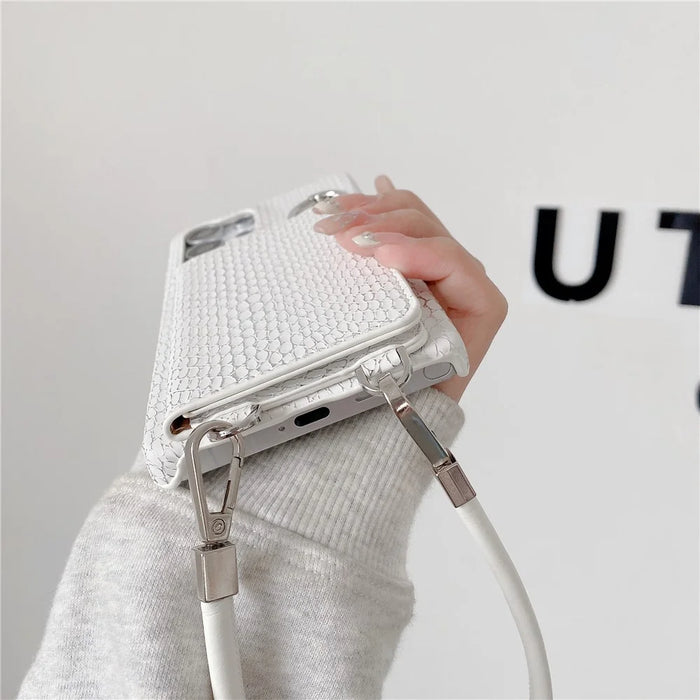 For Samsung Galaxy S24 Ultra Case Card Holder Mirror Snake Texture PU + PC Back Cover with Lanyard - Light Pink - 7