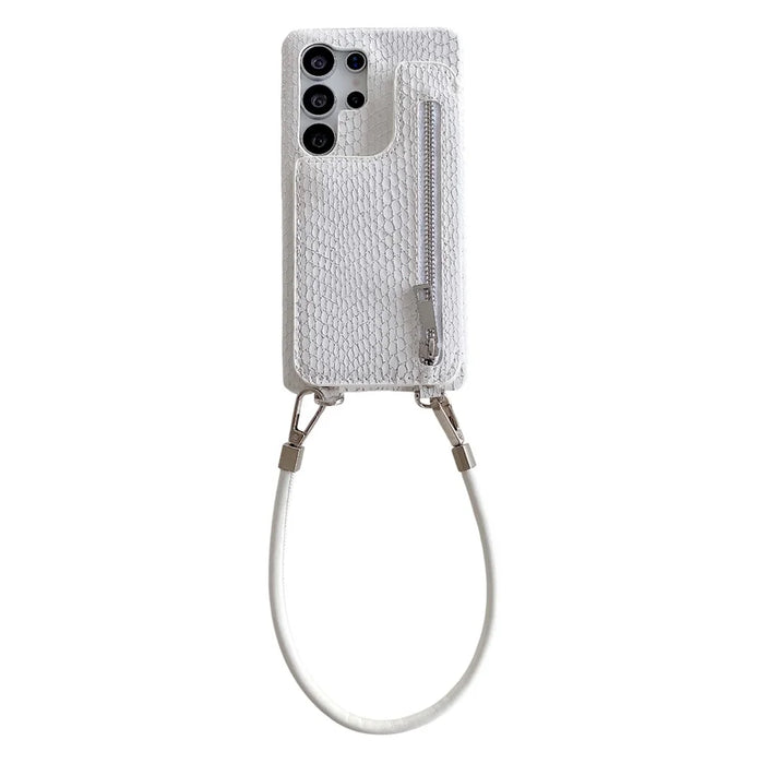 For Samsung Galaxy S25 Ultra Case Zipper Card Holder Mirror Snake Texture PU + PC Back Cover with Lanyard - White - 1