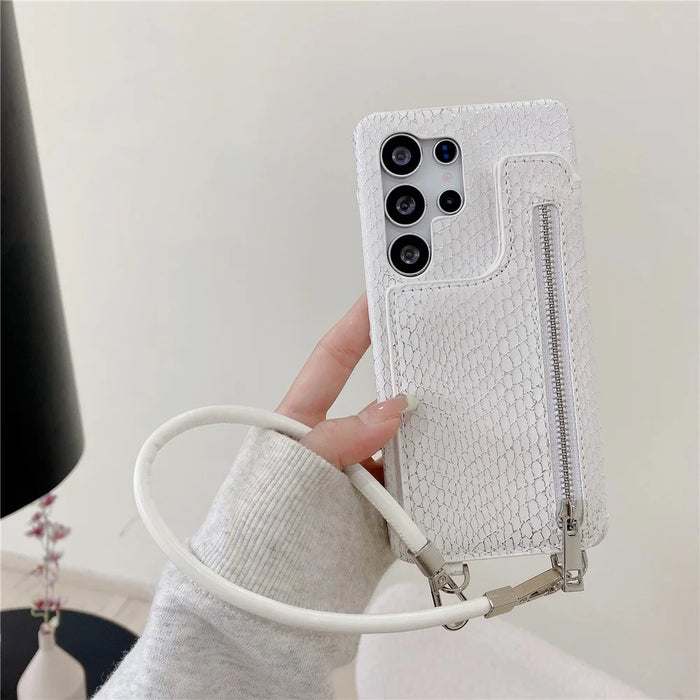 For Samsung Galaxy S25 Ultra Case Zipper Card Holder Mirror Snake Texture PU + PC Back Cover with Lanyard - White - 2