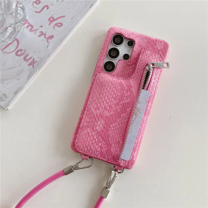 For Samsung Galaxy S25 Ultra Case Zipper Card Holder Mirror Snake Texture PU + PC Back Cover with Lanyard - White - 4