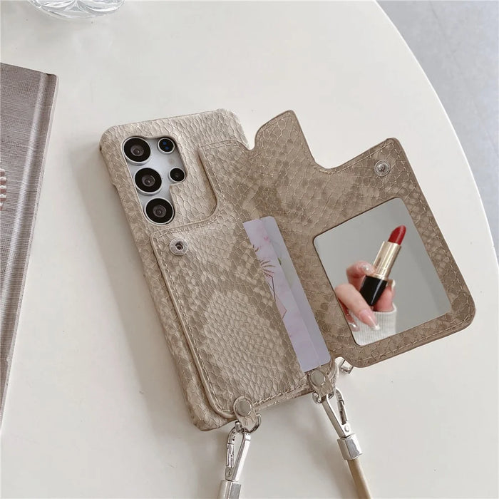 For Samsung Galaxy S25 Ultra Case Zipper Card Holder Mirror Snake Texture PU + PC Back Cover with Lanyard - White - 6