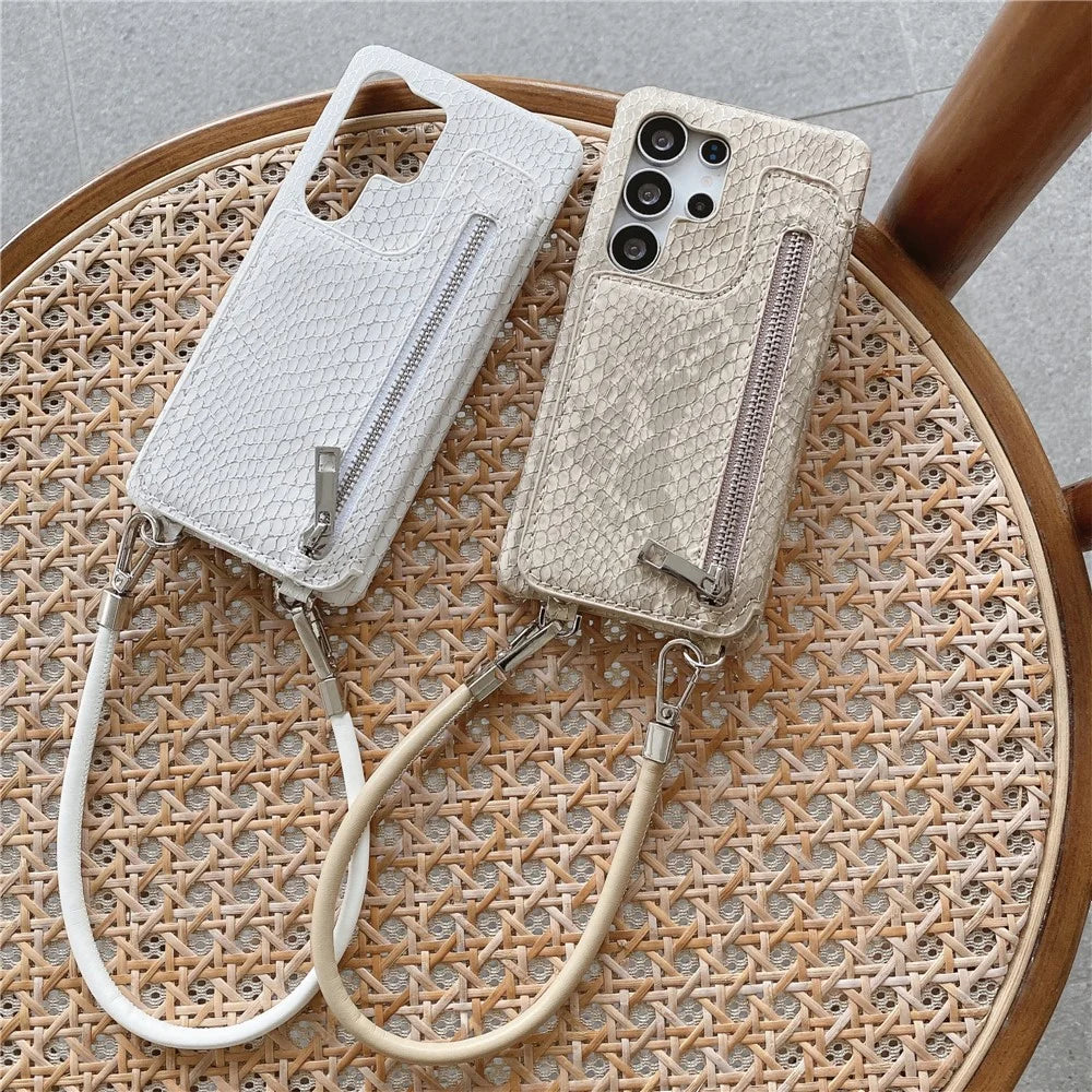 For Samsung Galaxy S24 Ultra Case Zipper Card Holder Mirror Snake Texture PU + PC Back Cover with Lanyard - White - 5