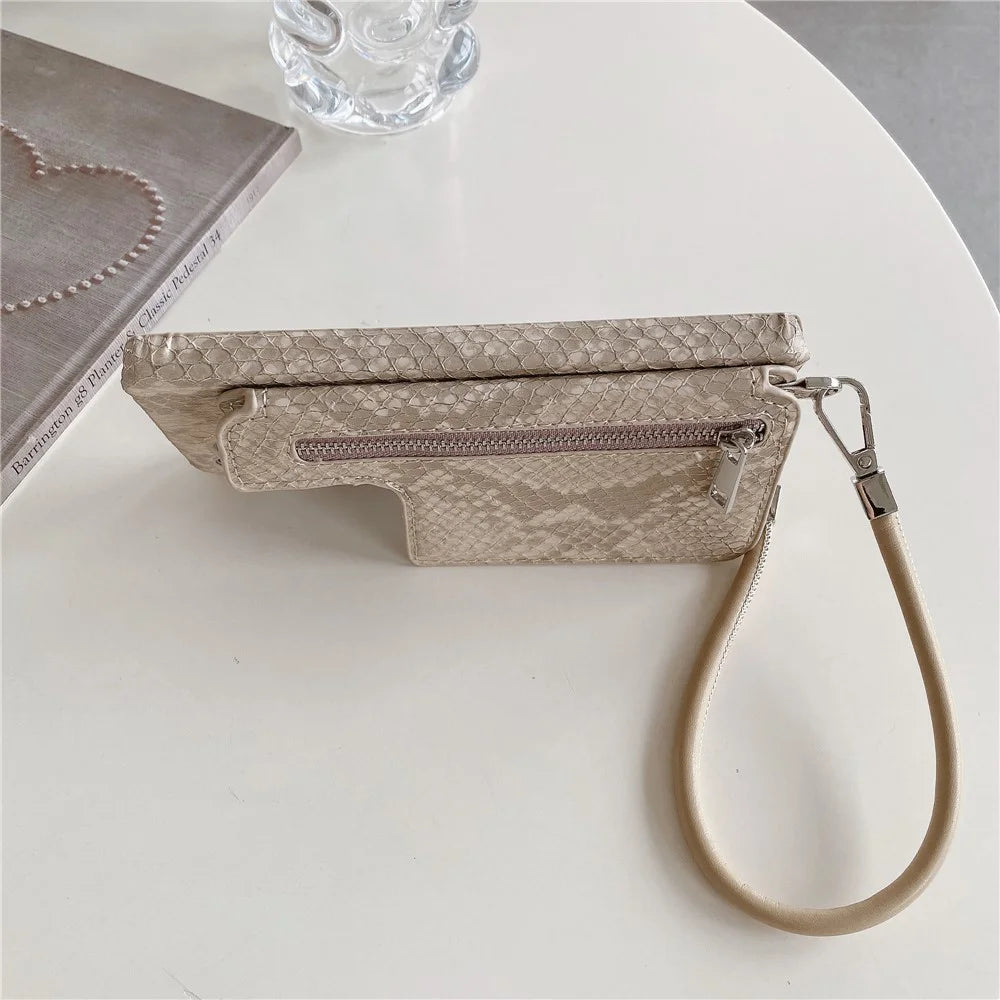 For Samsung Galaxy S24 Ultra Case Zipper Card Holder Mirror Snake Texture PU + PC Back Cover with Lanyard - White - 7