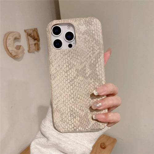 For iPhone 15 Pro Max Case Gold Thread Lacquered Snake Texture PU + PC Phone Back Cover - Khaki - 1