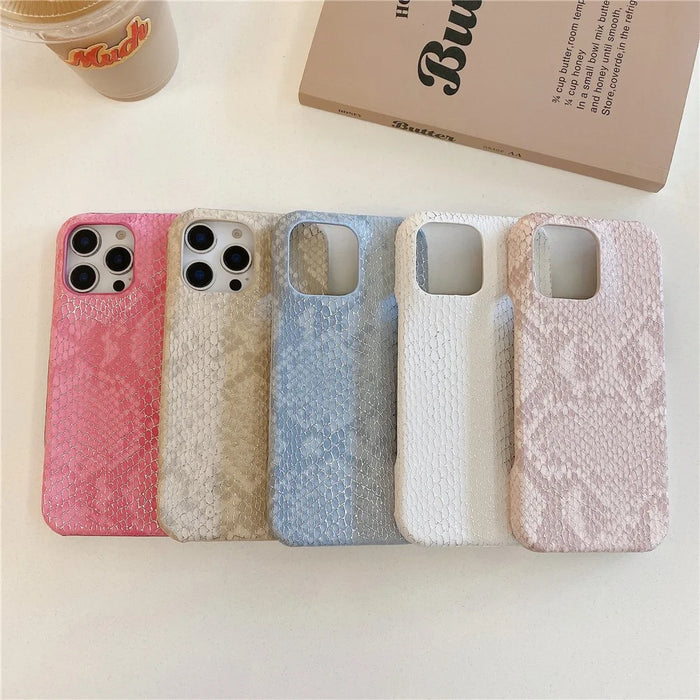 For iPhone 15 Pro Max Case Gold Thread Lacquered Snake Texture PU + PC Phone Back Cover - Khaki - 5