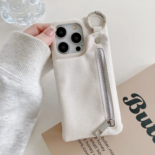 For iPhone 15 Pro Max Case with Kickstand Zipper Wallet Jeans Texture PU PC Phone Back Cover - White - 1