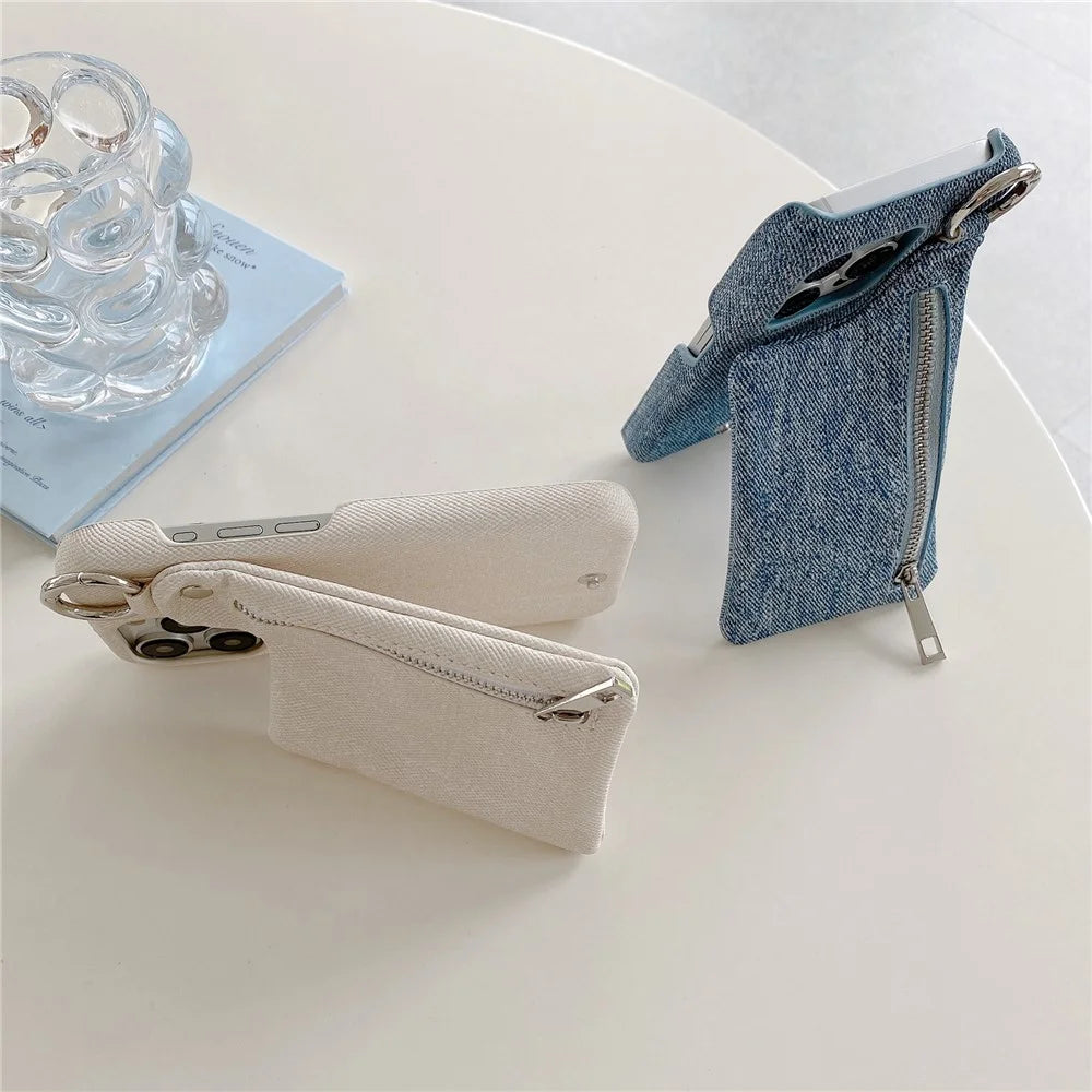 For iPhone 15 Pro Max Case with Kickstand Zipper Wallet Jeans Texture PU PC Phone Back Cover - White - 2