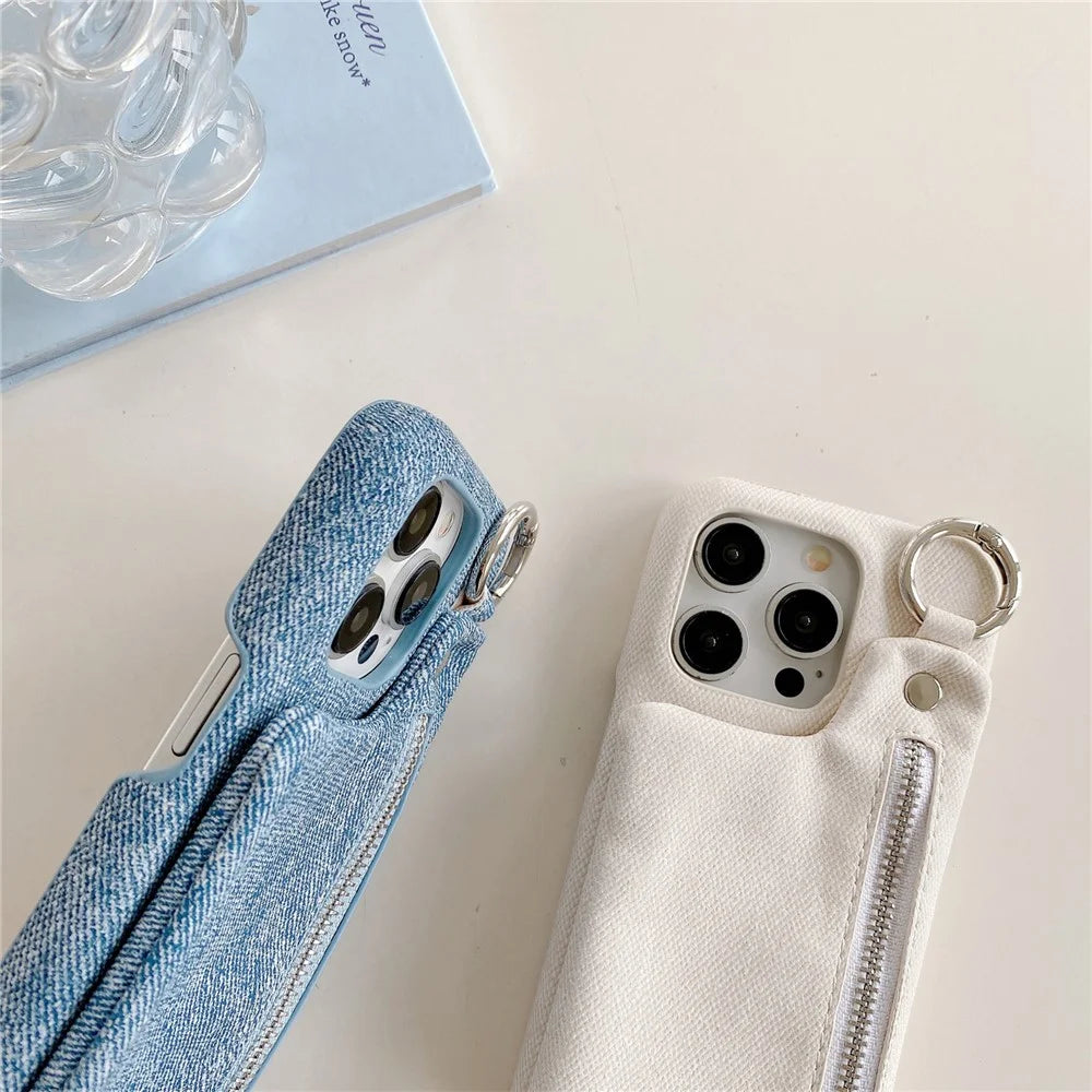 For iPhone 15 Pro Max Case with Kickstand Zipper Wallet Jeans Texture PU PC Phone Back Cover - White - 3