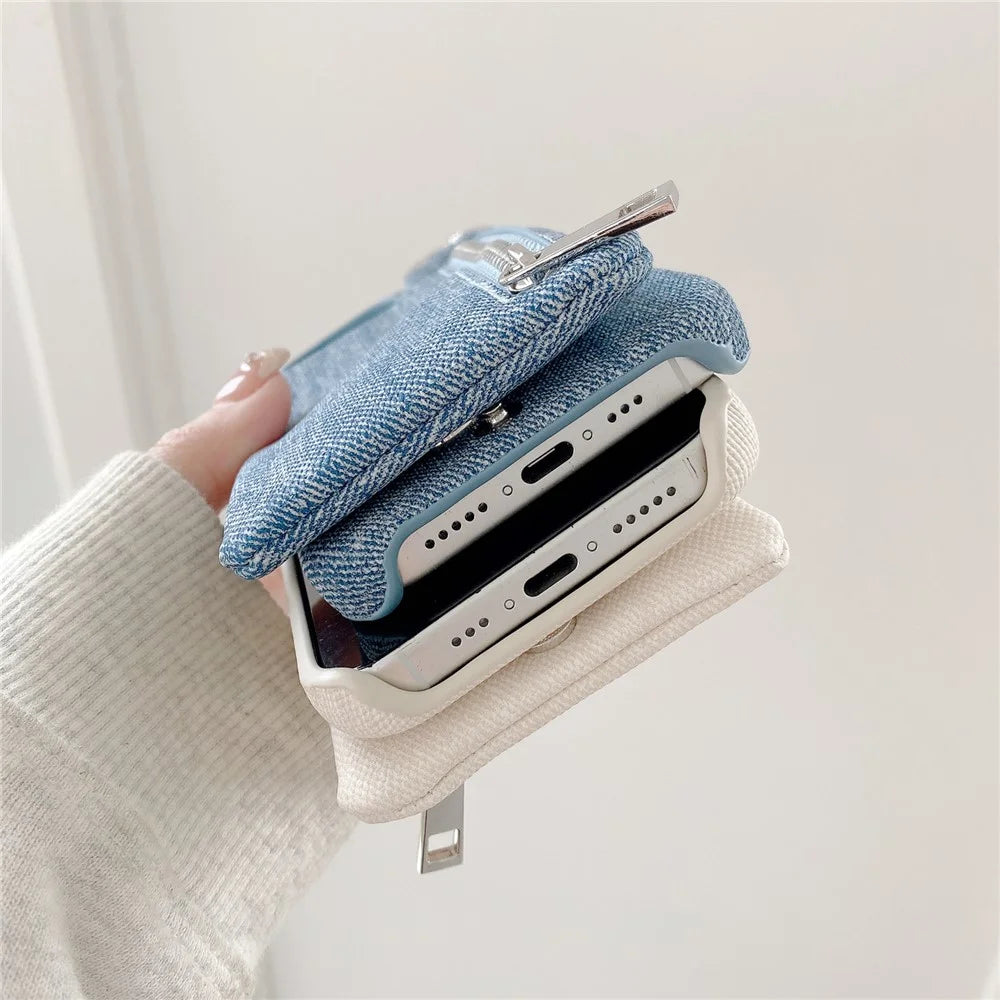 For iPhone 15 Pro Max Case with Kickstand Zipper Wallet Jeans Texture PU PC Phone Back Cover - White - 4