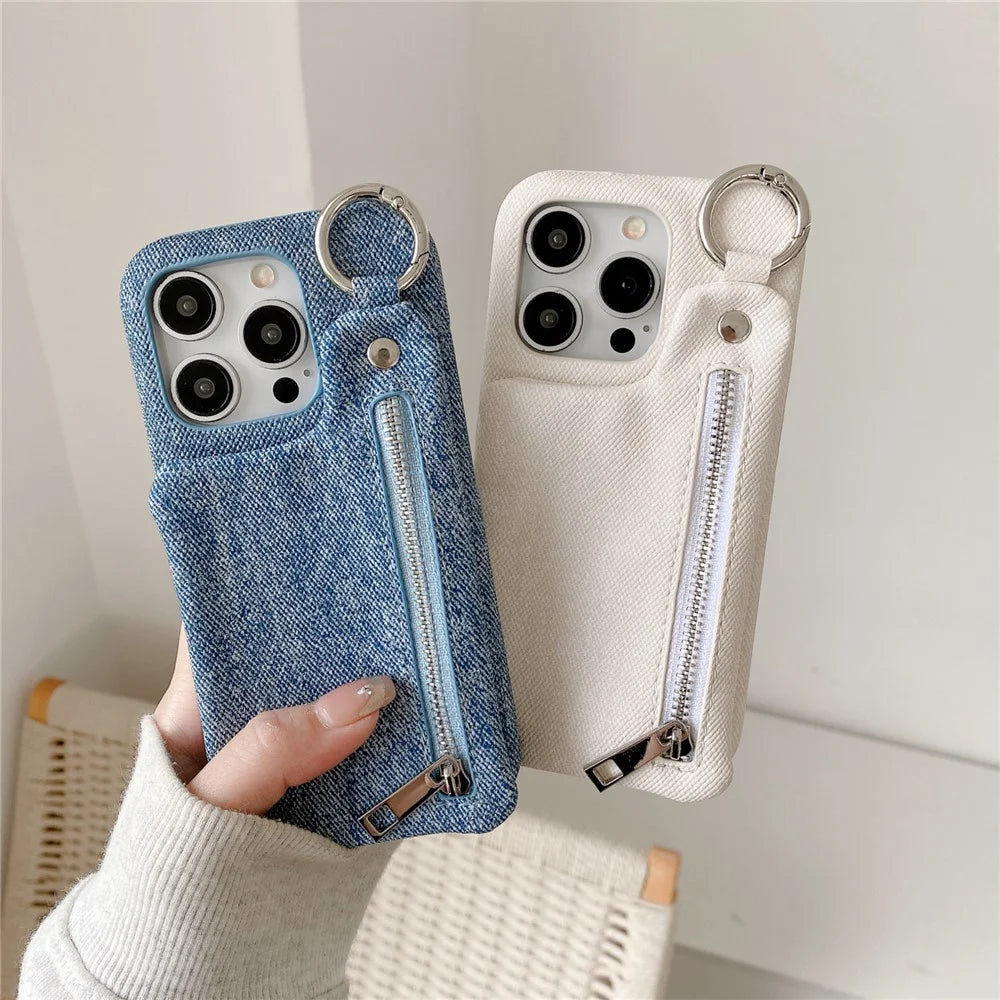 For iPhone 15 Pro Max Case with Kickstand Zipper Wallet Jeans Texture PU PC Phone Back Cover - White - 5