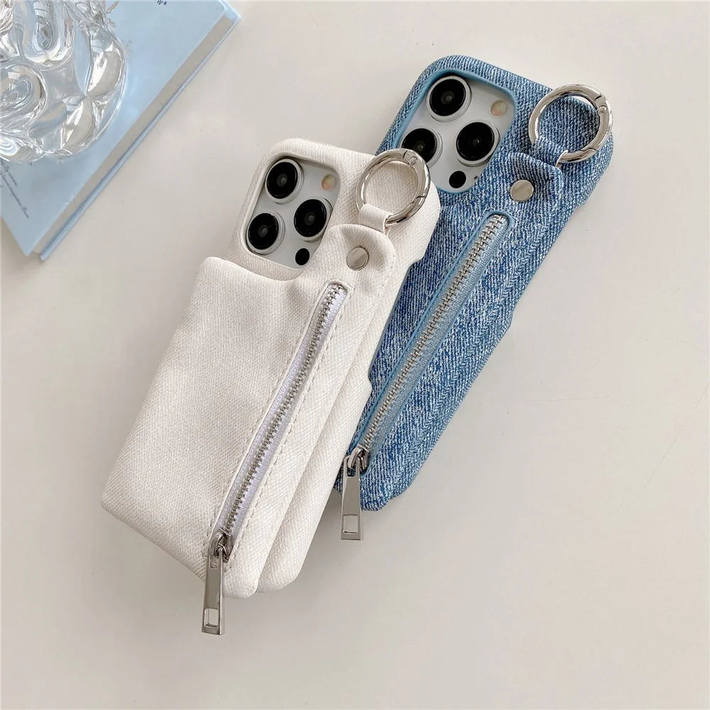 For iPhone 15 Pro Max Case with Kickstand Zipper Wallet Jeans Texture PU PC Phone Back Cover - White - 6