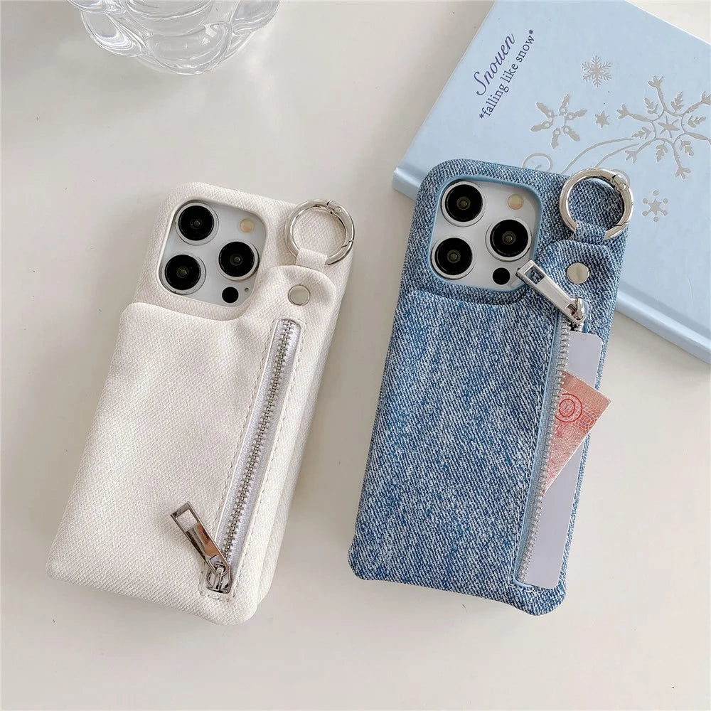 For iPhone 15 Pro Max Case with Kickstand Zipper Wallet Jeans Texture PU PC Phone Back Cover - White - 7