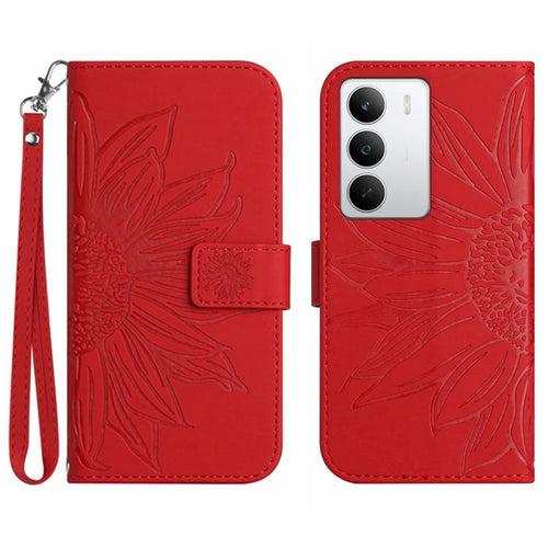 For Realme C71 4G Case Sunflower Imprint Leather Wallet Phone Cover with Wrist Strap - Red - 1