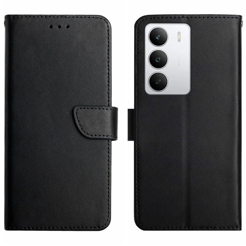 For Realme C71 4G Case Genuine Cow Leather Phone Cover Nappa Texture - Black - 1