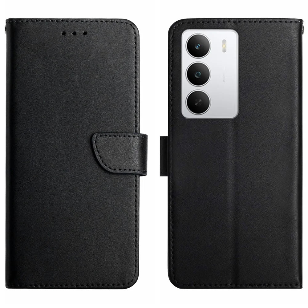 For Realme C71 4G Case Genuine Cow Leather Phone Cover Nappa Texture - Black - 1