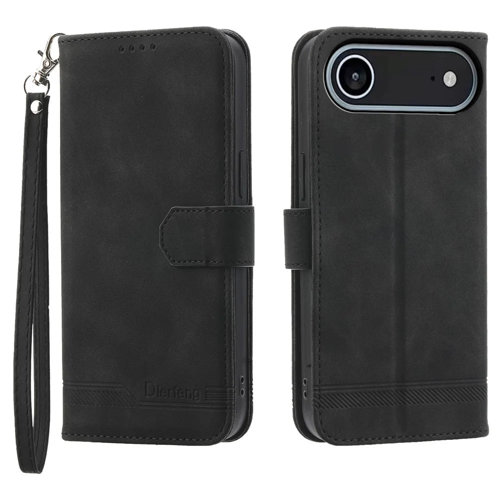 DIERFENG DF-03 For iPhone Air Case Lines Imprint Wallet Leather Phone Cover with Wrist Strap - Black - 1