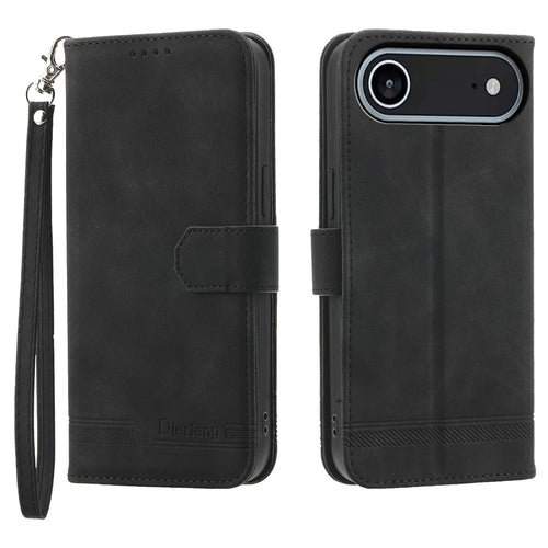 DIERFENG DF-03 For iPhone Air Case Lines Imprint Wallet Leather Phone Cover with Wrist Strap - Black - 1