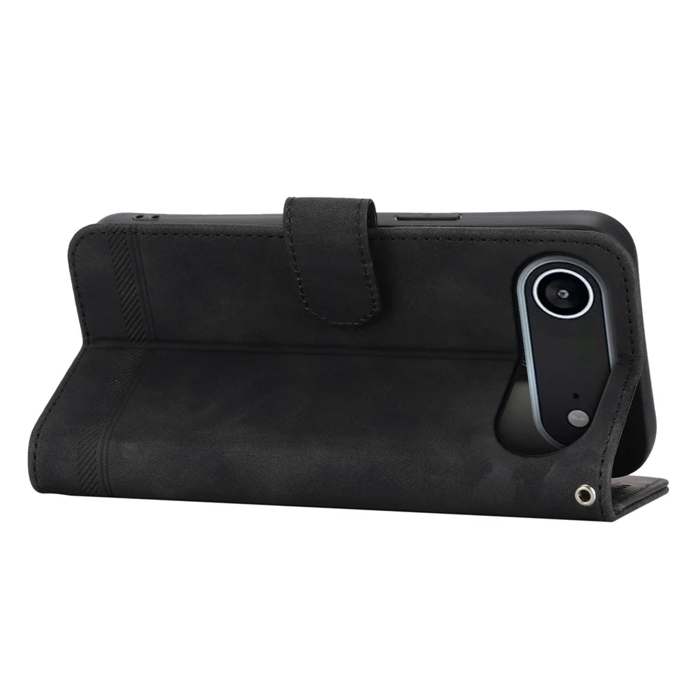 DIERFENG DF-03 For iPhone Air Case Lines Imprint Wallet Leather Phone Cover with Wrist Strap - Black - 2