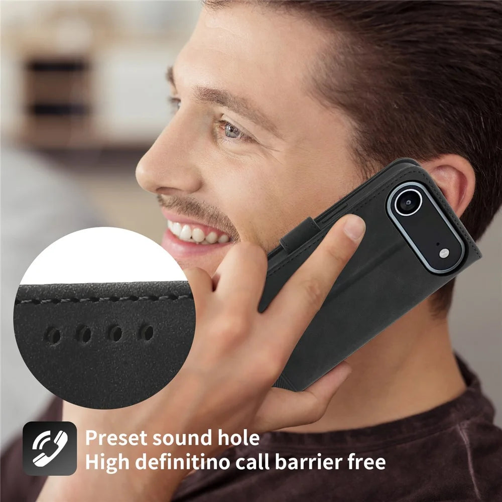 DIERFENG DF-03 For iPhone Air Case Lines Imprint Wallet Leather Phone Cover with Wrist Strap - Black - 7