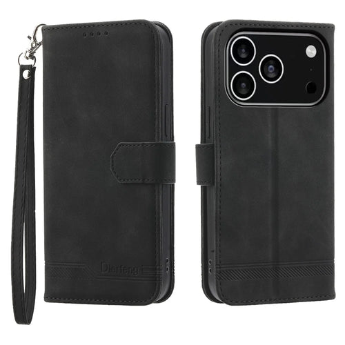 DIERFENG DF-03 For iPhone 18 Pro / 17 Pro Case Lines Imprint Wallet Leather Phone Cover with Wrist Strap - Black - 1