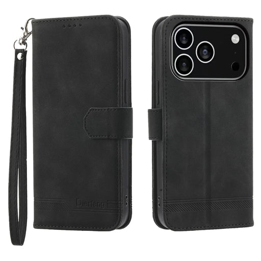 DIERFENG DF-03 For iPhone 18 Pro / 17 Pro Case Lines Imprint Wallet Leather Phone Cover with Wrist Strap - Black - 1