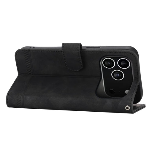 DIERFENG DF-03 For iPhone 18 Pro / 17 Pro Case Lines Imprint Wallet Leather Phone Cover with Wrist Strap - Black - 2
