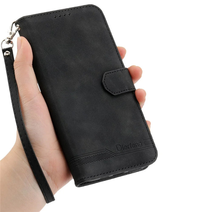 DIERFENG DF-03 For iPhone 18 Pro / 17 Pro Case Lines Imprint Wallet Leather Phone Cover with Wrist Strap - Black - 6
