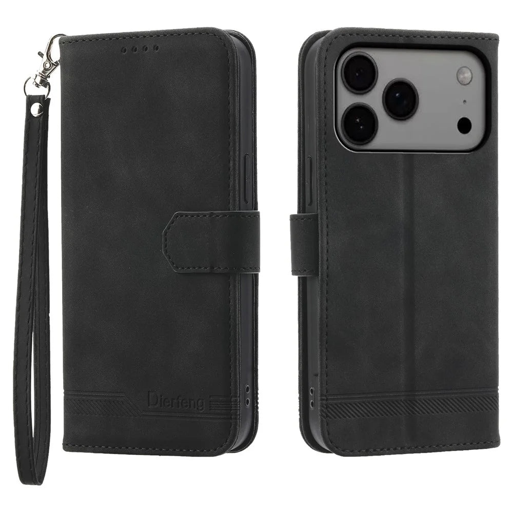 DIERFENG DF-03 For iPhone 18 Pro Max / 17 Pro Max Case Lines Imprint Wallet Leather Phone Cover with Wrist Strap - Black - 1